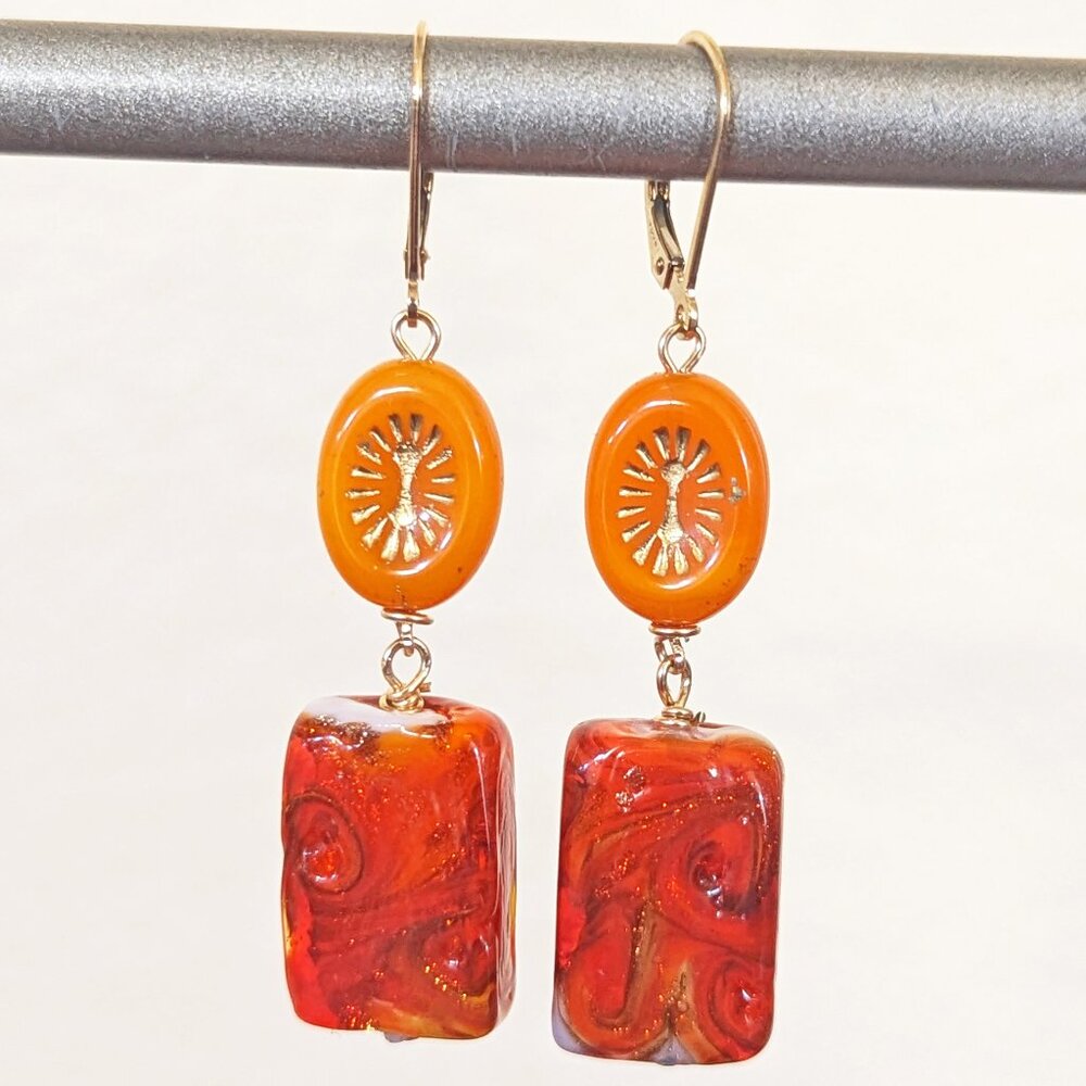 Boho 14K Gold Filled Orange Swirl Glitter Lampwork Glass Dangle Earrings